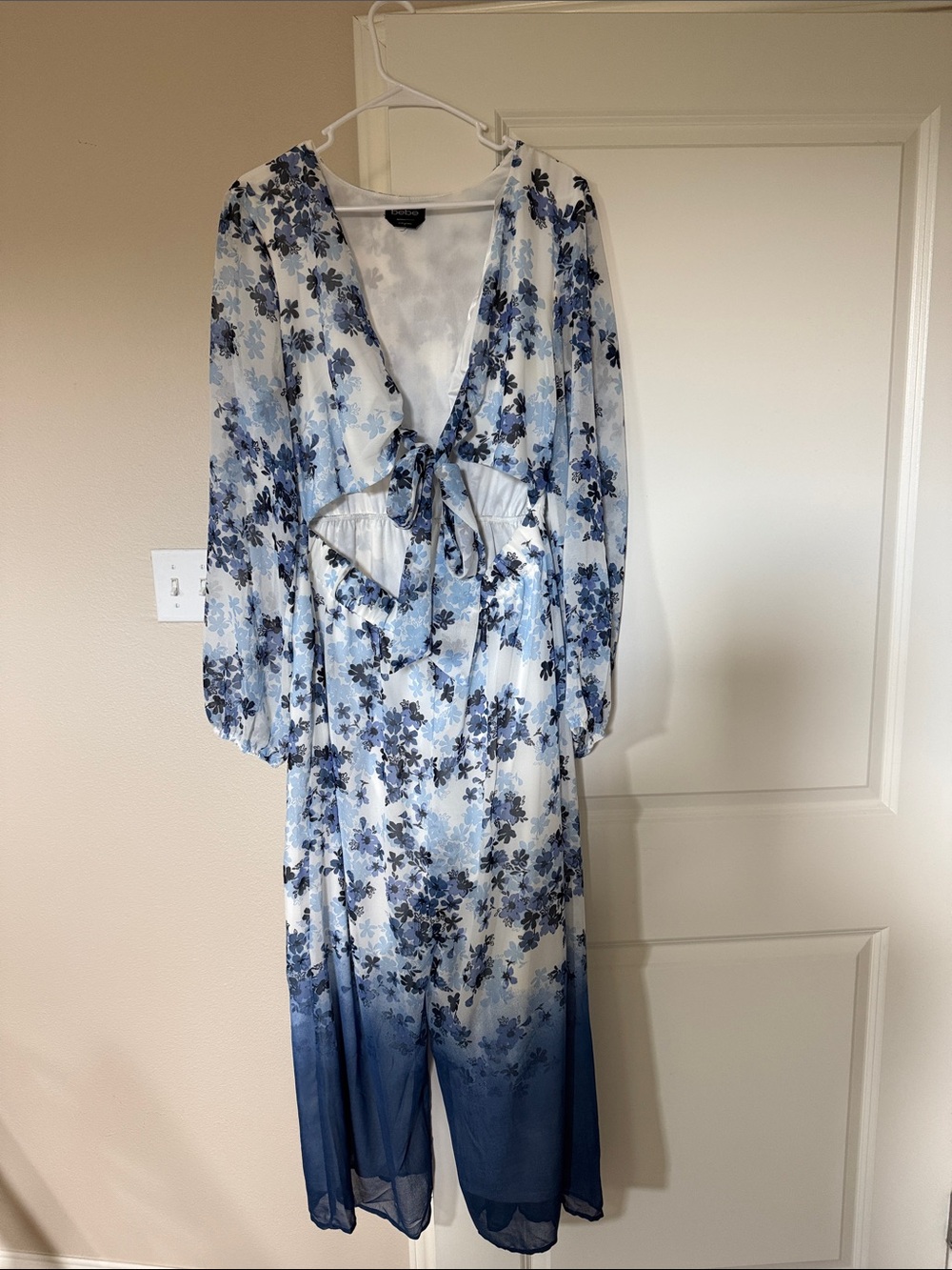 bebe White and Blue Floral Tie-Front Jumpsuit